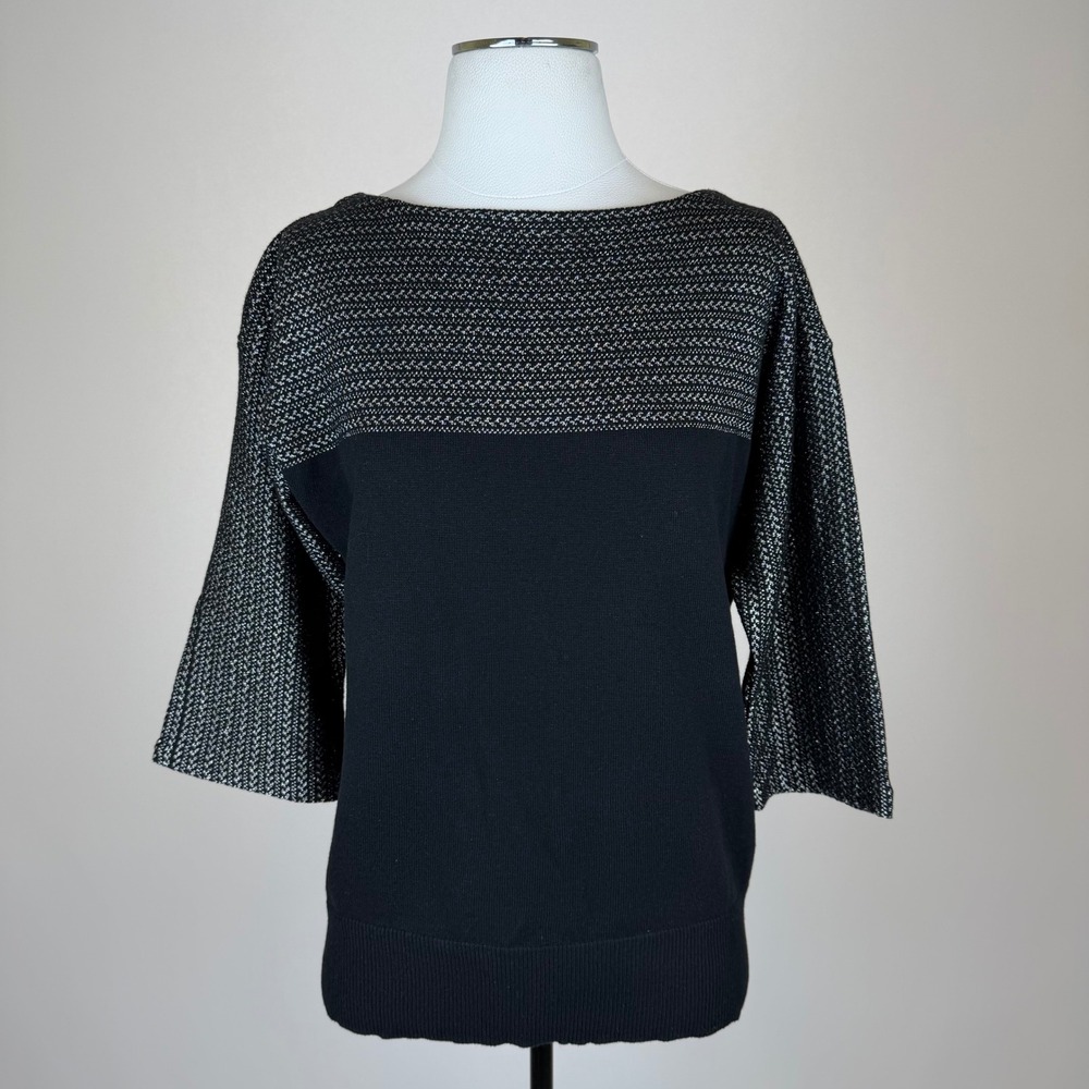 Ralph Lauren LRL Black Silver Metallic Knit 3/4 Sleeve Sweater Womens Sz Medium